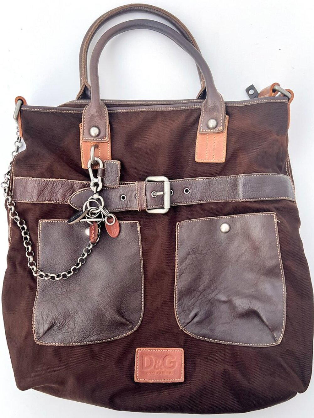 D&G Y2K Brown Utility Moto Tote Bag Chain Charms